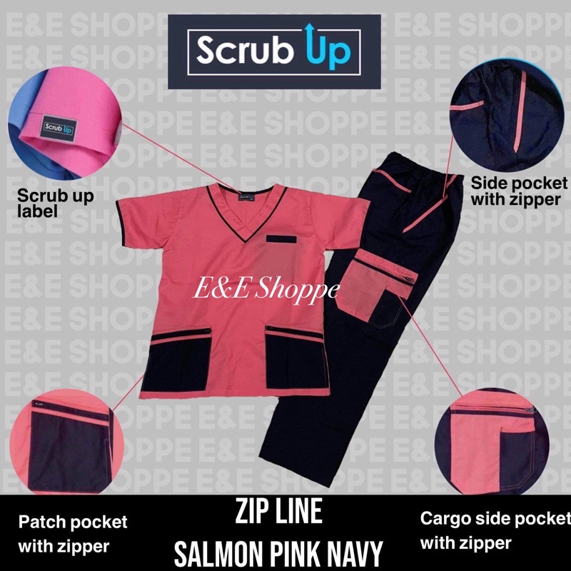 SCRUB SUIT Set ZIPLINE SERIESUNISEX (SALMON PINKNAVY) Shopee