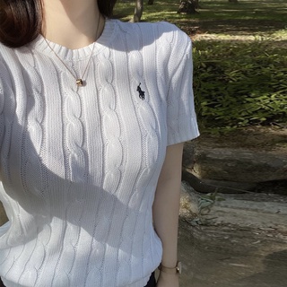 Korean Embroidered pony logo retro twist cotton sweater women's short sleeve t-shirt cropped top