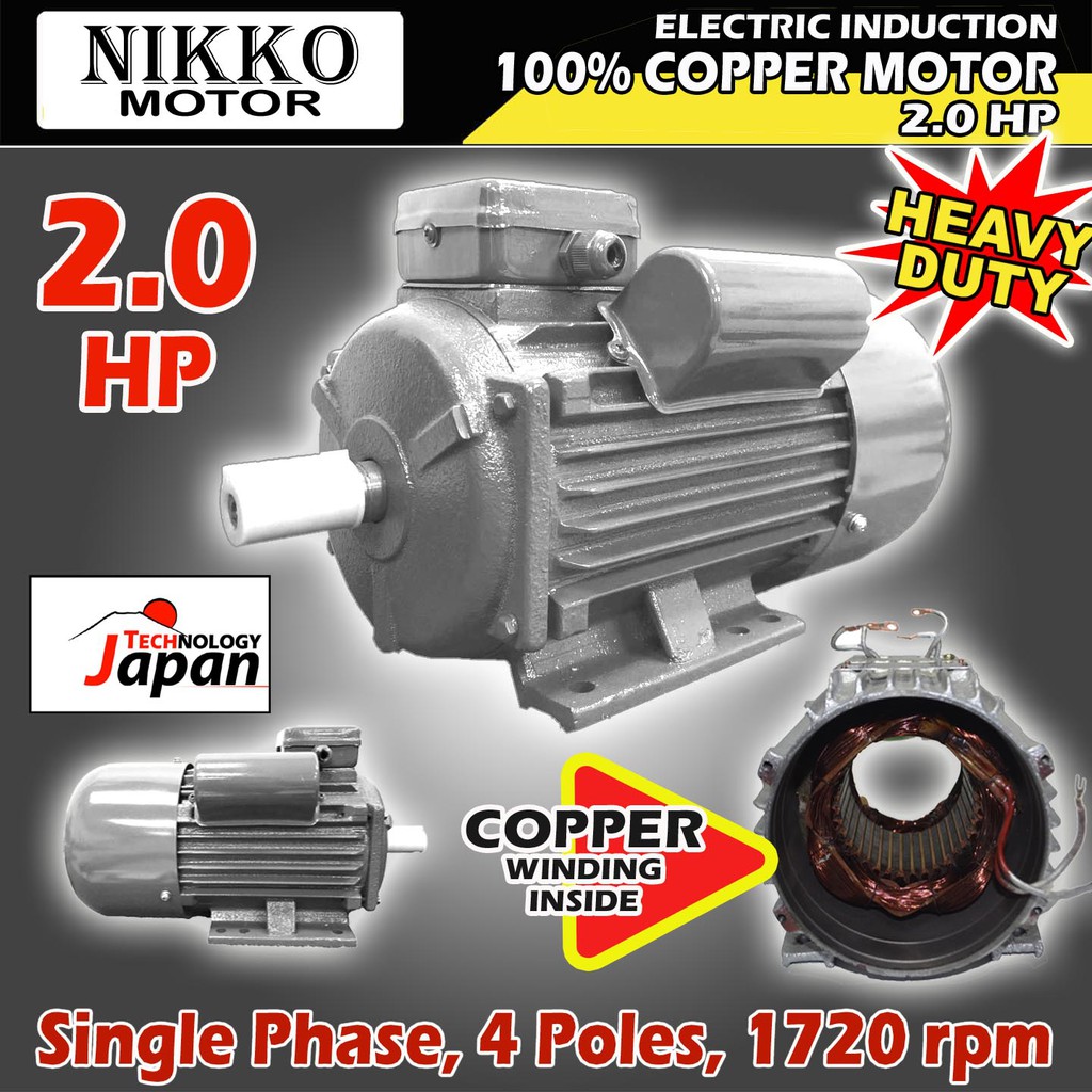 2HP COPPER Single Phase Electric Induction Motor 4 Poles 1720rpm 220V 60Hz (YC100L4) Nikko