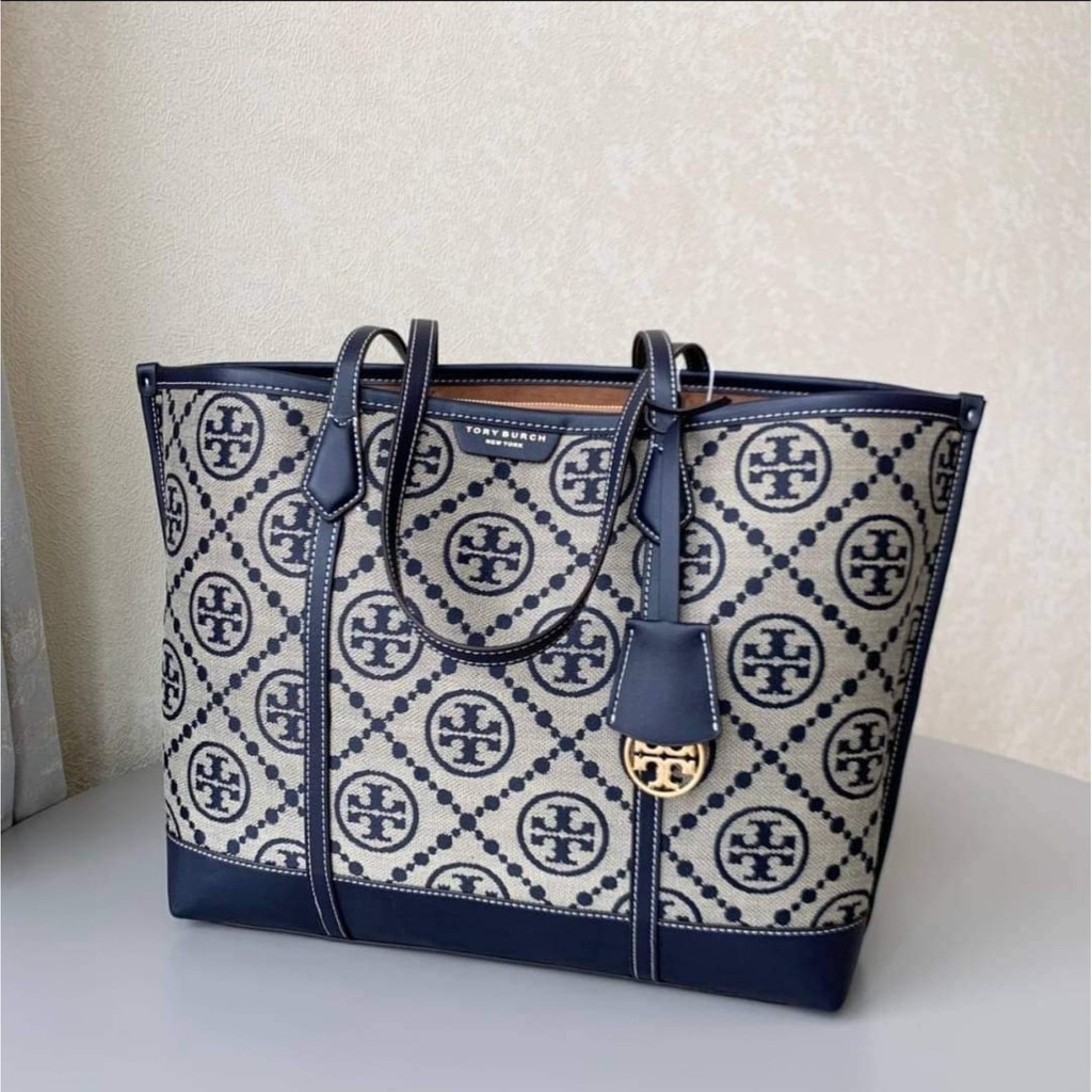 Tory Burch 83312 Perry T Monogram Triple Compartment Tote Bag in Navy Blue  Woven Jacquard with Fine | Shopee Philippines