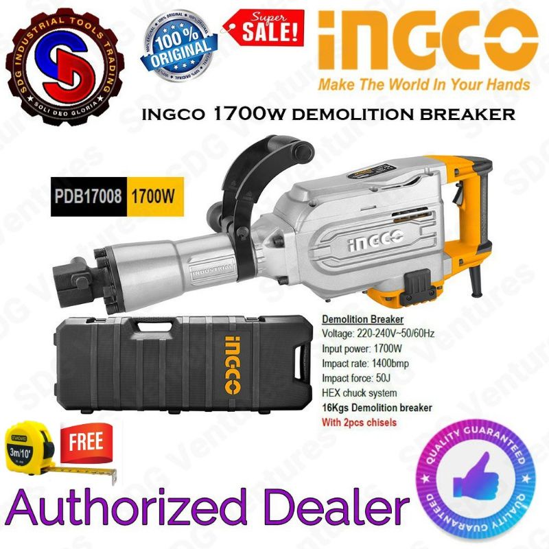 INGCO 1700W Industrial Demolition Breaker / Jack Hammer HEX (PDB17008