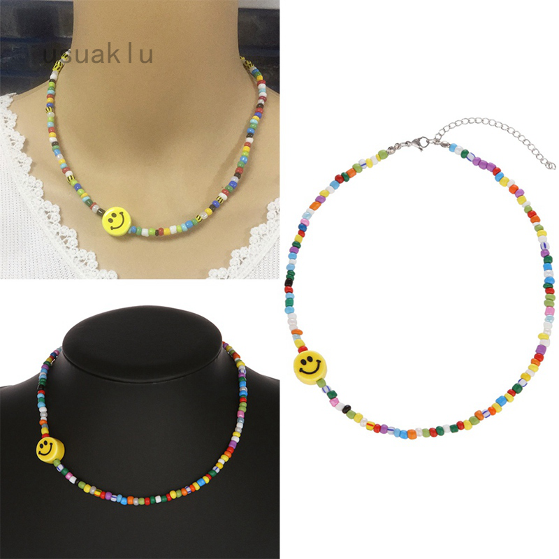 Download Boho rainbow color beads smiley face choker necklaces for women colorful bead chain statement ...