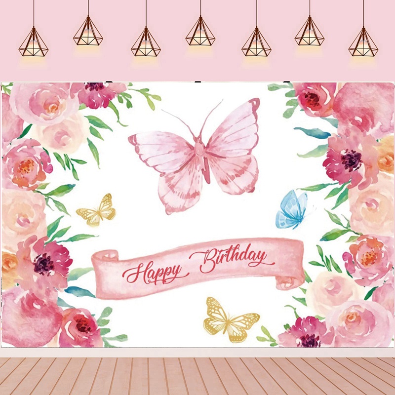 Butterfly Birthday Backdrop Girls Fairy Princess Purple Pink Floral ...