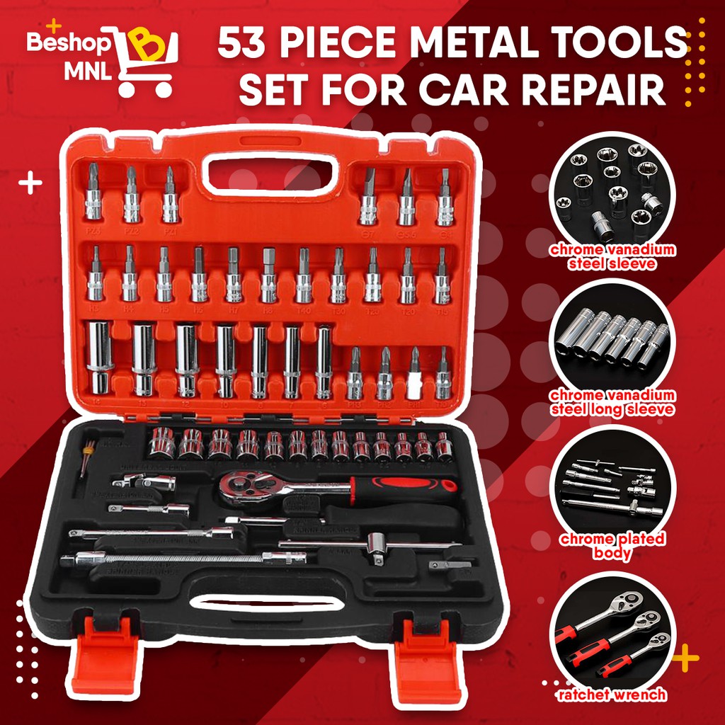 53pcs CRT001 1/4-Inch Car Auto Automobile Motorcycle Repair Tool Ratchet Wrench Drive Socket Set with Plastic Toolbox Storage Case 
