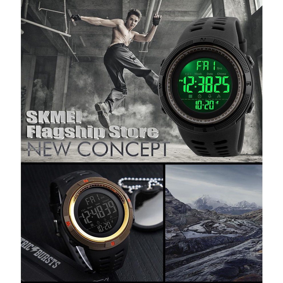 [100% Genuine]SKMEI New mens sports watch chronograph alarm clock digital watch 50M waterproof dual time countdown stopwatch 1251