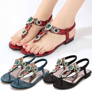 35-45 Shiny Women's Flat Sandals Gorgeous Rite Tong Big Bright Color Beaded Comfy Court Soft Ladies Elastic Band Office