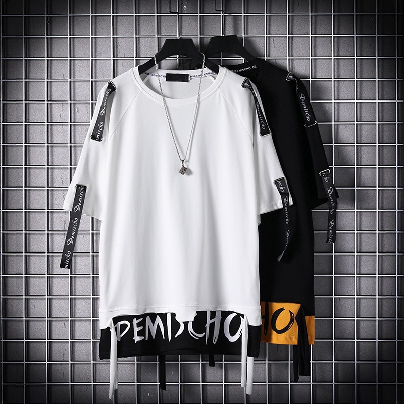 Japanese short-sleeved T-shirt male Korean version of the trend of hip-hop fake two pieces of handsome personality in the long section tide brand t-shirt