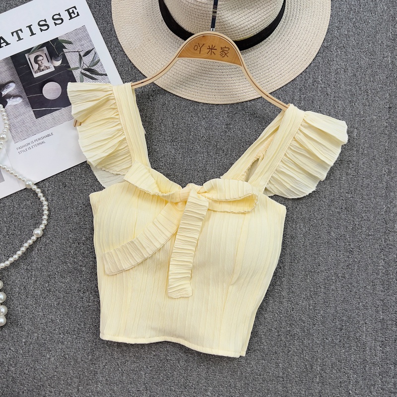 Sweet Korean Summer Bow Ruffle Slim Camisole Vest Women Ins Style Square Collar Cropped Top With 4453