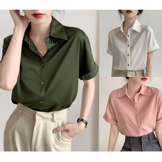 Huilishi Vintage Blouse for Women Short Sleeve Plain 5 Colors Size S to L Korean Fashion Classic