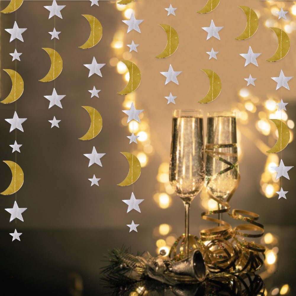 2/4m Gold Star Moon Hanging Garands Streamers Banner Ramadan EID Decor ...