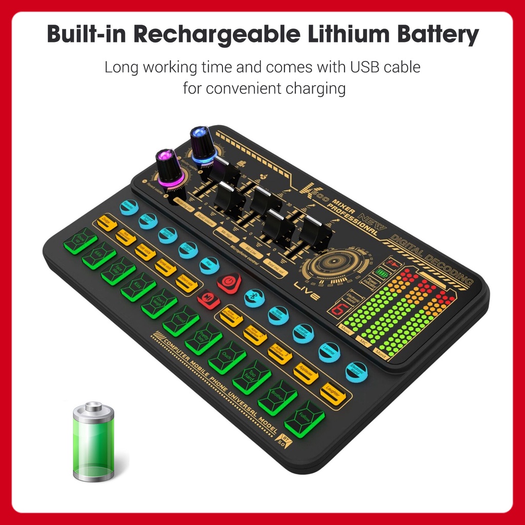 SK500 Portable Live Sound Card Voice Changer Device Audio Mixer Built