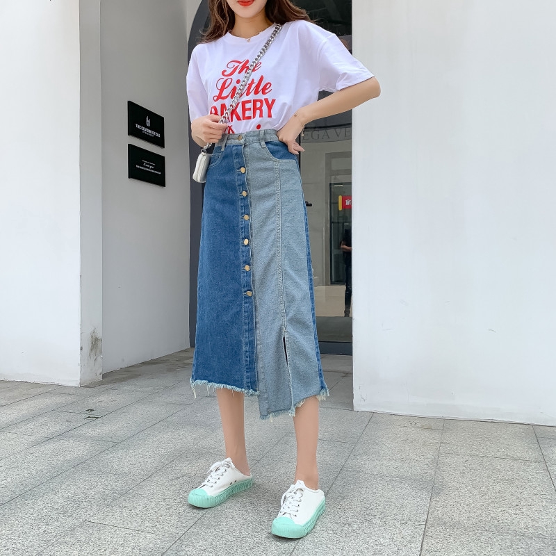 medium length denim skirt