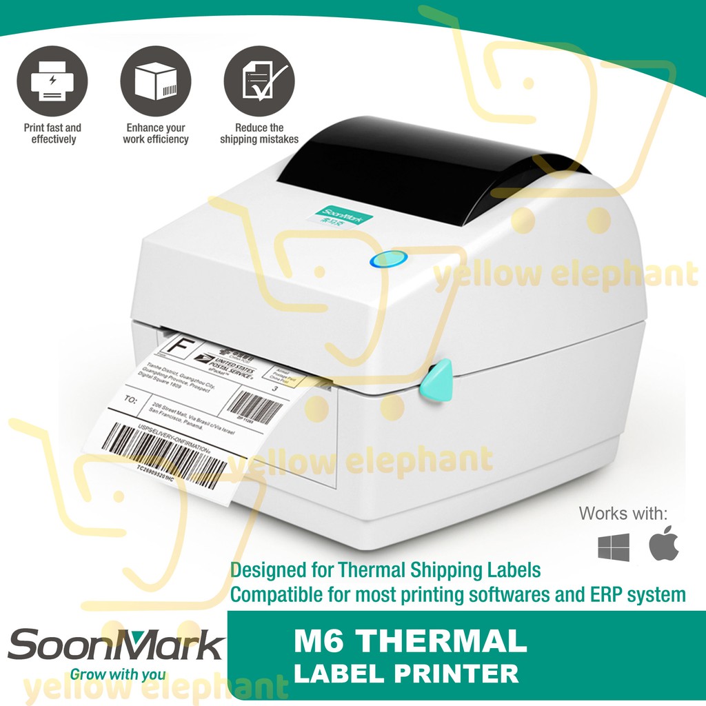 Soonmark M6 Thermal Printer (Mac And Pc) For Stickers Yellow Elephant