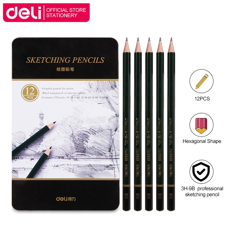 Sale Deli 12 Pcs Sketching Pencil Set 3H9B Professional Graphite Sketching Charcoal Pencils Set