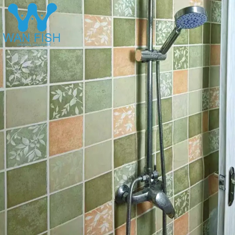 WANFISH Green Tiles Design for Bathroom Kitchen Waterproof Wallpaper