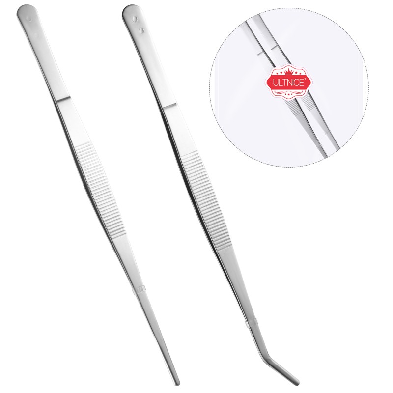 KDDOM 2 Pcs Straight and Curved Tip Tweezers Stainless Steel Long Nippers Tweezers Feeding Tongs for Reptile Snakes Lizards Spider 