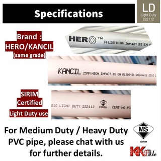 10 pcs x 4.75ft HERO / KANCIL (SIRIM) 20mm / 25mm PVC Pipe HI-Impact Conduit Pipe pvc paip conduit p #3