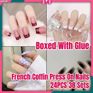 ENSSNE 24pcs French Coffin Press On Nails,Medium Ballerina Fake Nails,Boxed Detachable Fake Nails with Glue 38 Sets,Gift for Women and Girls