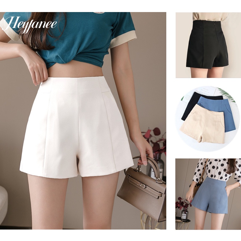 Women Shorts High Waist Wide Leg A Line Plain Chino Shorts Korean