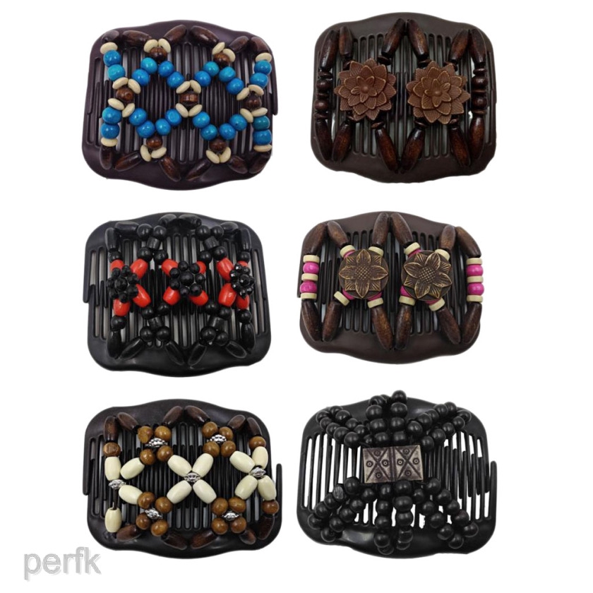 6x Stretchy Beaded Hair Comb Retro Wooden Beads Magic Beads Double Hair Comb