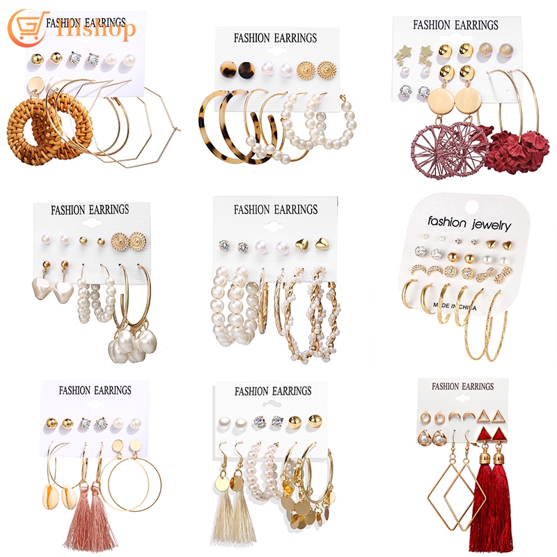 Hi/ 16 Types Pearl Tassel Earring Set Stud Earring Oversized Bohemia