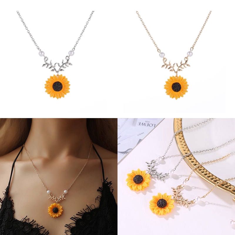 Women Clavicle Chain Flower Twig Pendant Sunflower Necklace Bohemian Jewelry 