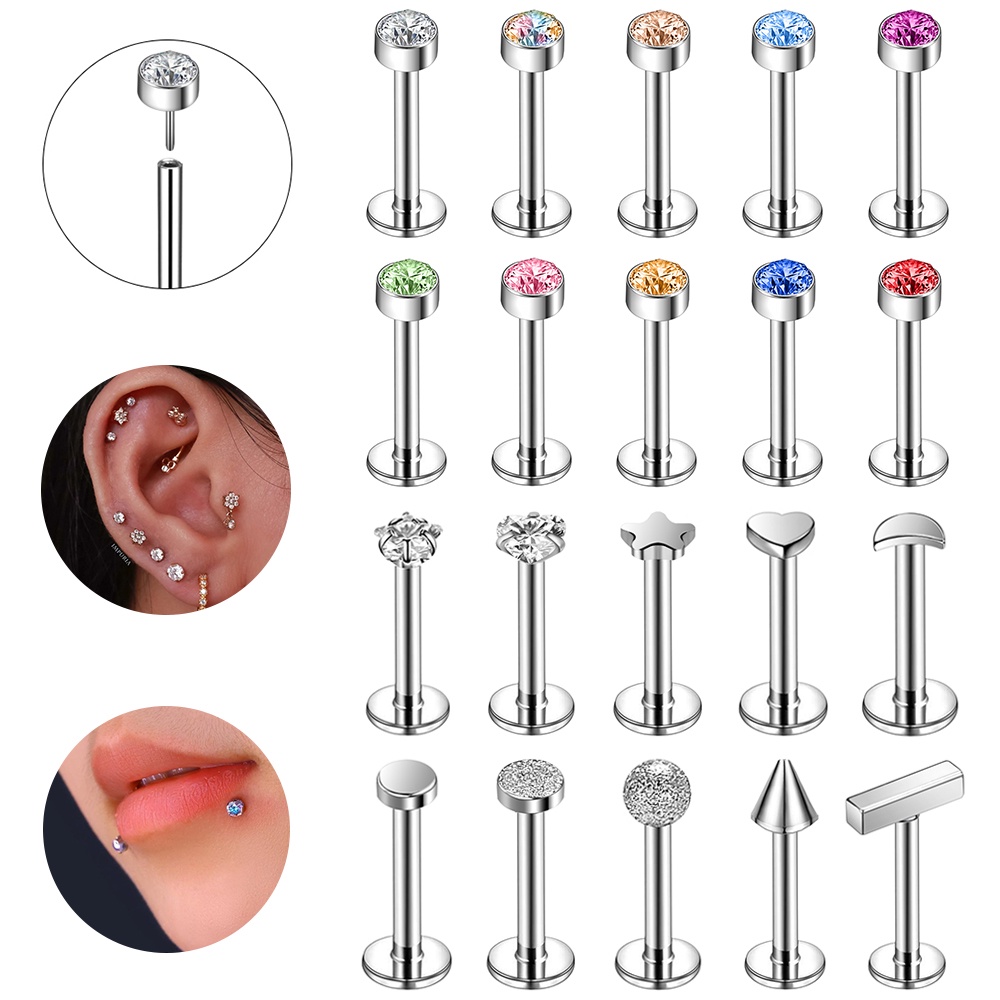 1 PC Color Crystal Labret Piercing Stainless Steel Lip Studs Heart Star ...