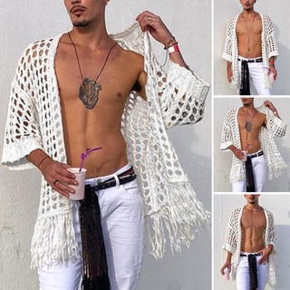 XMAN Men Hollow Out Half Sleeve Tassel Casual Fancy Kimono Cardigan