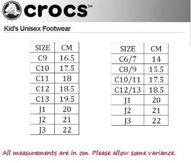 crocs c9 size in cm