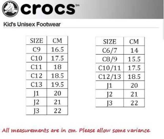 crocs size j3 in cm