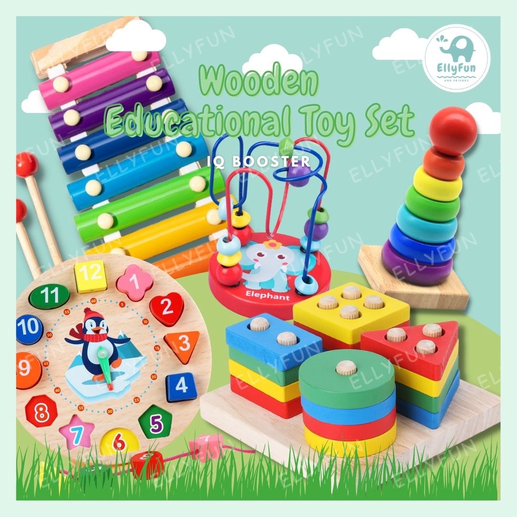 Ellyfun Wooden Educational Toy Gift Set Shape Sorter Toys for Kids ...