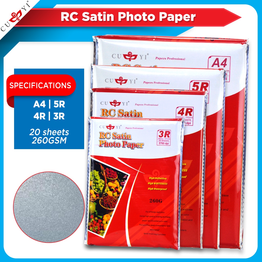 CUYI RC Satin Photo Paper 260GSM (20 Sheets Per Pack) A4 / 5R / 4R / 3R ...