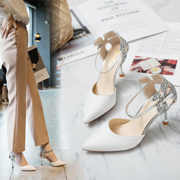 white mid high heels