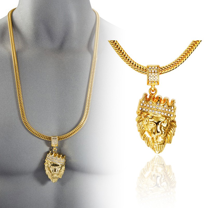 18K Gold Plated Lion Head King Crown Pendant Chain Mens Hip Hop Necklace |  Shopee Philippines