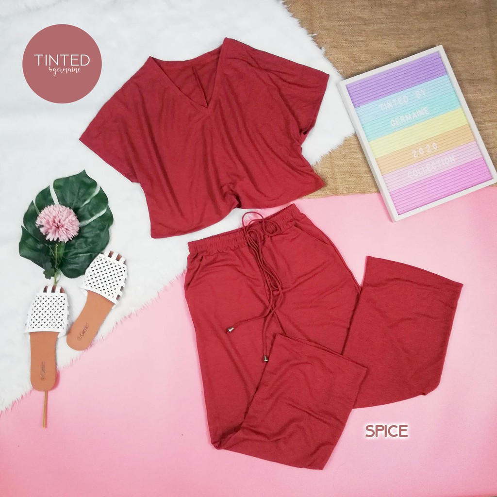 Ootd Trendy Vneck Loose Cropped Top Faux String Loose Trouser Coord