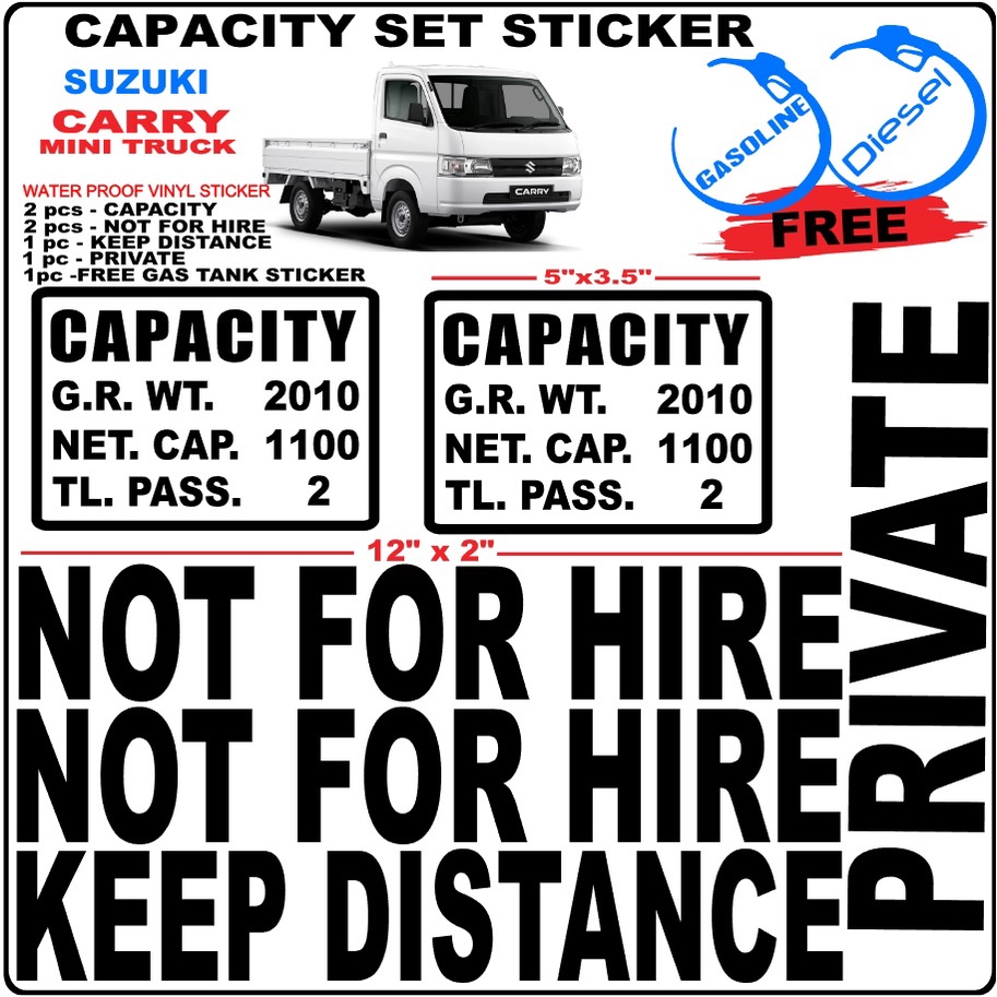SUZUKI CARRY TRUCK CAPACITY STICKER SET NOT FOR HIRE / KEEP DISTANCE