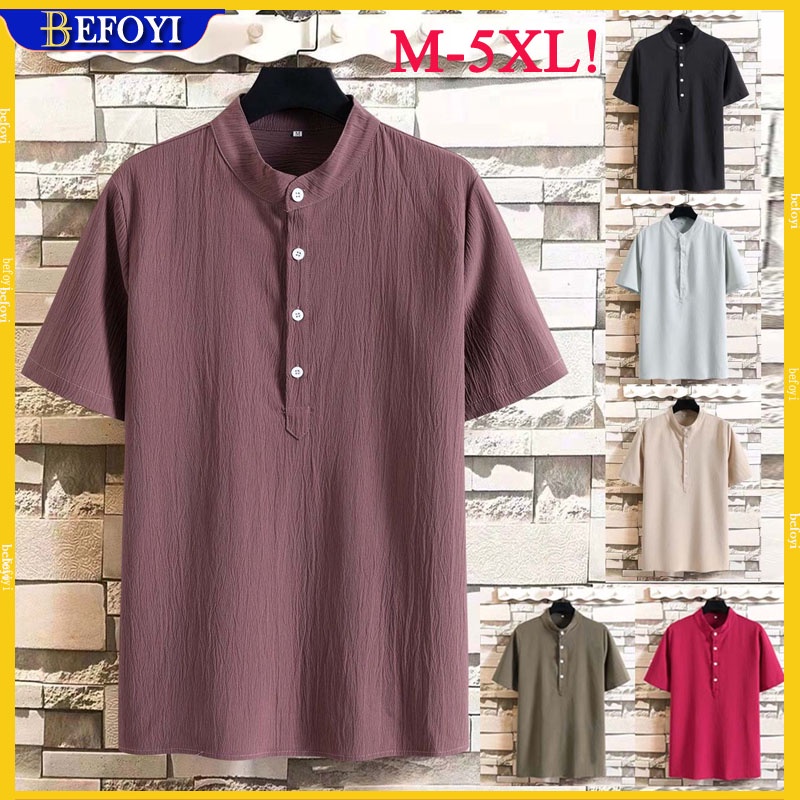 ❤6Color M-5XL❤Men's 100% cotton linen shirts casual kurta stand collar short sleeves Korean style tops plus size 5XL #1