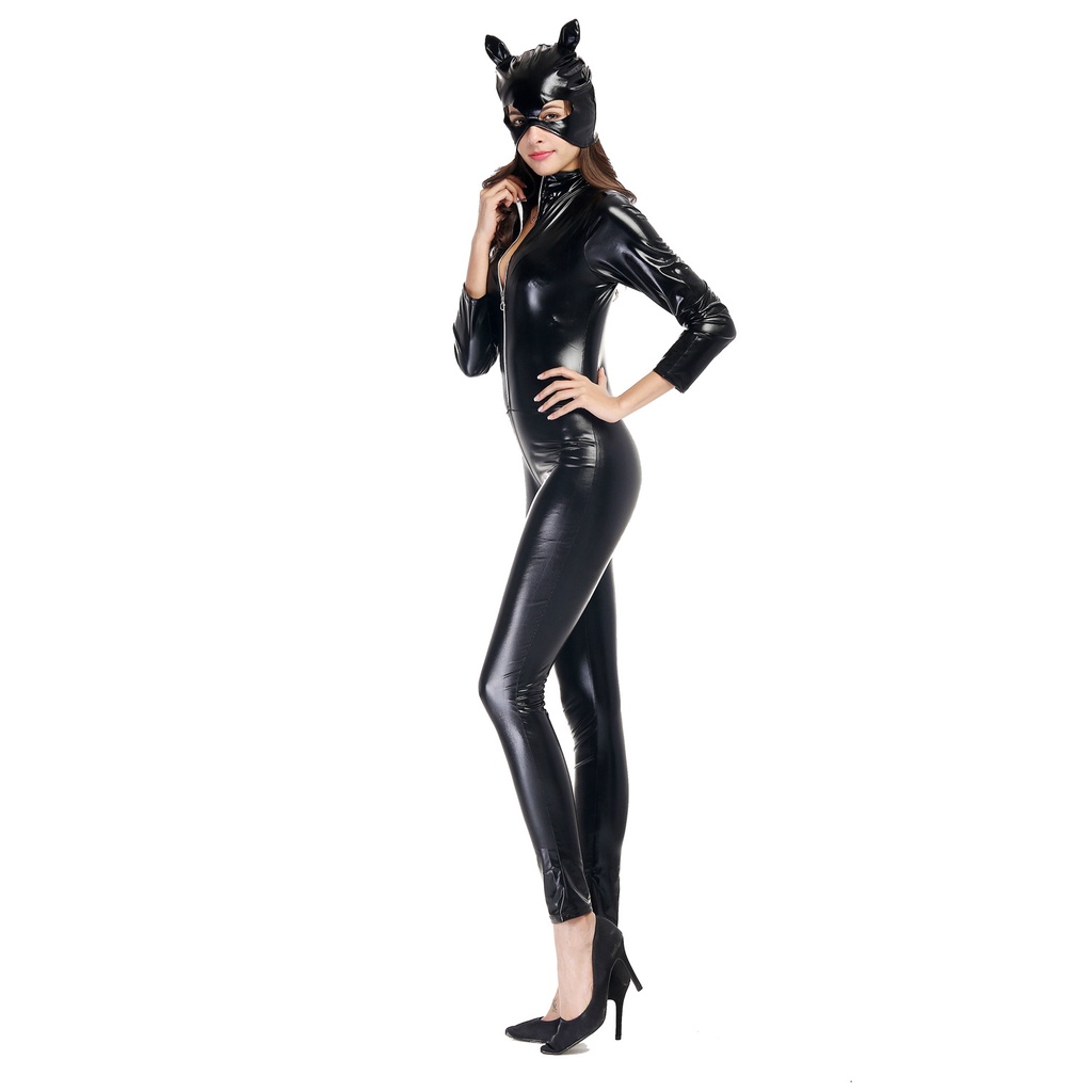 Women Faux Leather Halloween Catwoman Sexy Cosplay Costume Zipper Catsuit Bodysuit Bodycon Dress 6694