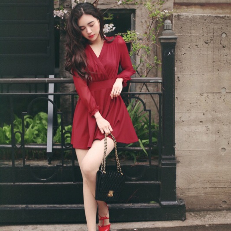 wine red long sleeve dress