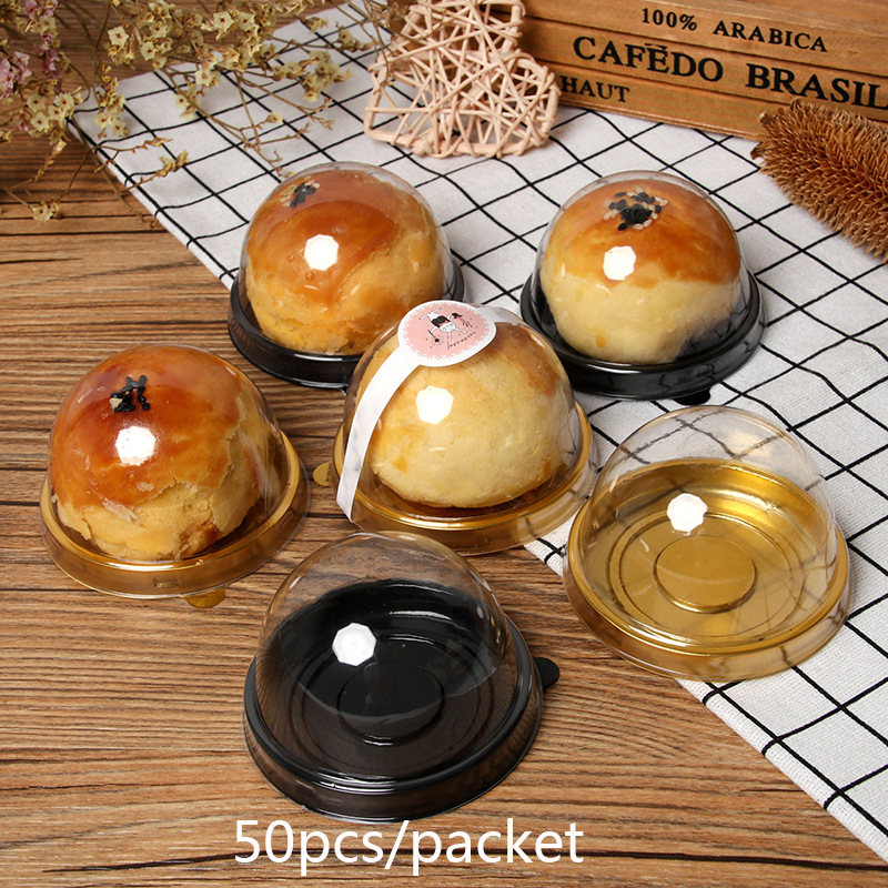 50Pcs/packet Round Moon Cake Tray (50-80G) with Cover Golden Black ...