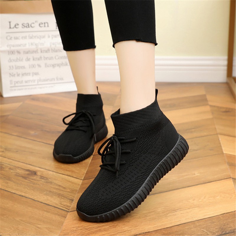 Spring Elastic Socks Shoes Flying Woven Sneakers Black Short Boots Girls Single Boots Soft Bottom Non Slip High Top Shoes Breathable Shopee Philippines