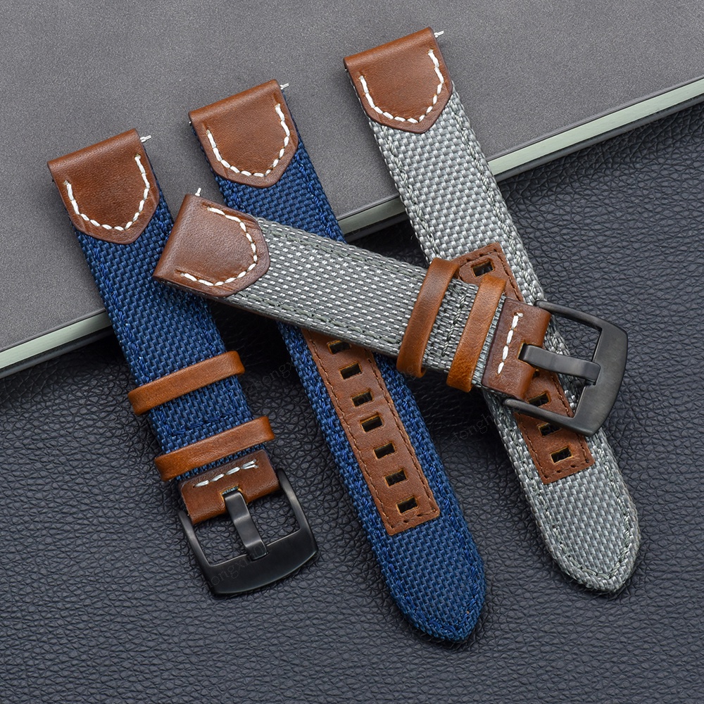 PremiumGrade Nato Strap 20mm 22mm Nylon + Leather Quick Release Bar