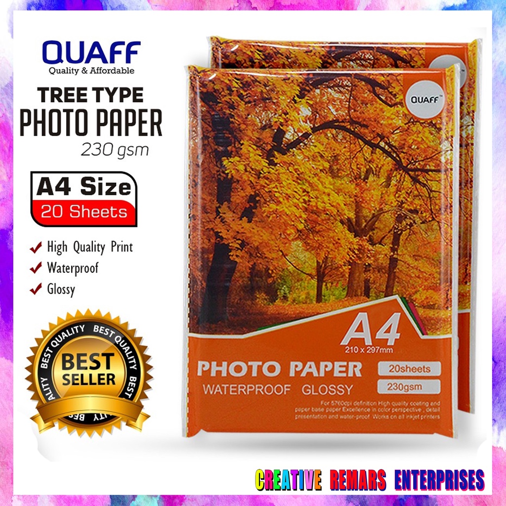 A4 Size 230gsm QUAFF Glossy Tree Type Photopaper / Inkjet Glossy Photo Paper (20 sheets / Pack