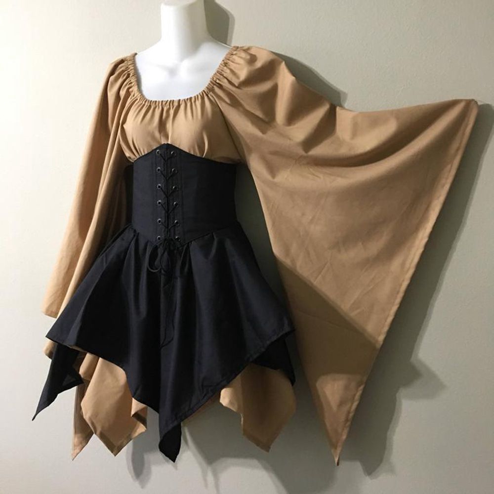 Medieval Women Woodland Elf Fairy Dress Corset Set Skirts