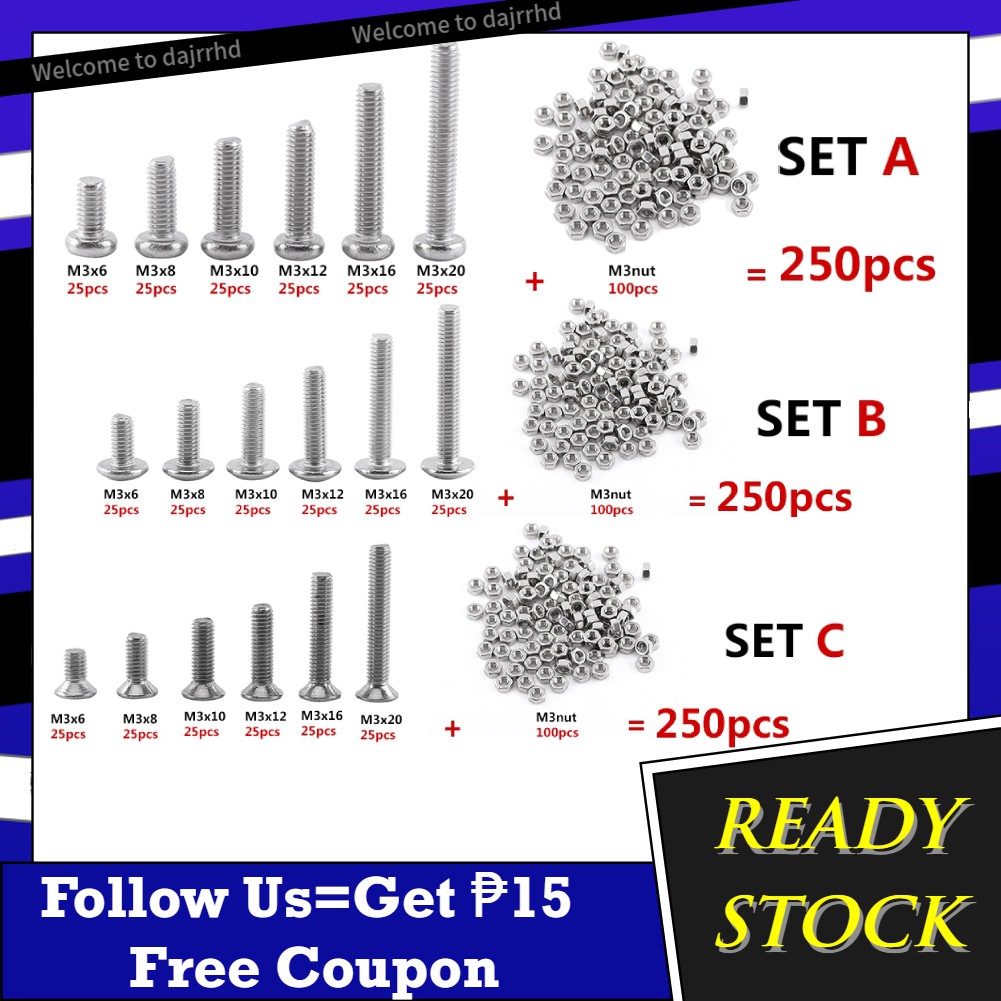 250pcs M3 Bolts And Nuts 304 Stainless Steel Screws Bolt With Hex Nuts