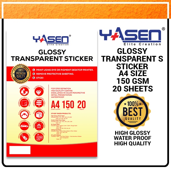 yasen transparent sticker paper a4 size 150gsm 20 sheets glossy