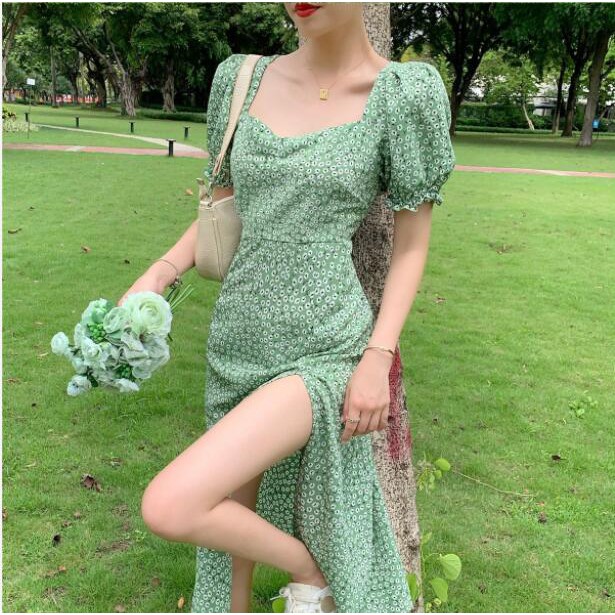 Green Floral Dresses Sexy Lady s French Retro Square Neck Puff Sleeve  Gentle Temperament Slit Dress | Shopee Philippines
