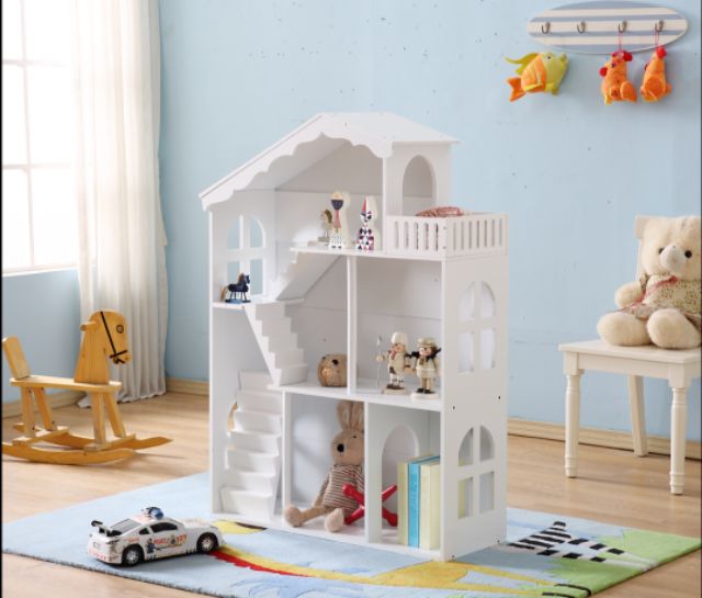 White Wooden Dollhouse Bookshelf, Large White Wooden Montessori Bookcase Dollhouse Toy Storage