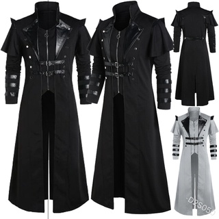 Halloween Medieval Steampunk Assassin Elves Pirate Costume For Adult Black Vintage Long Split Jacket