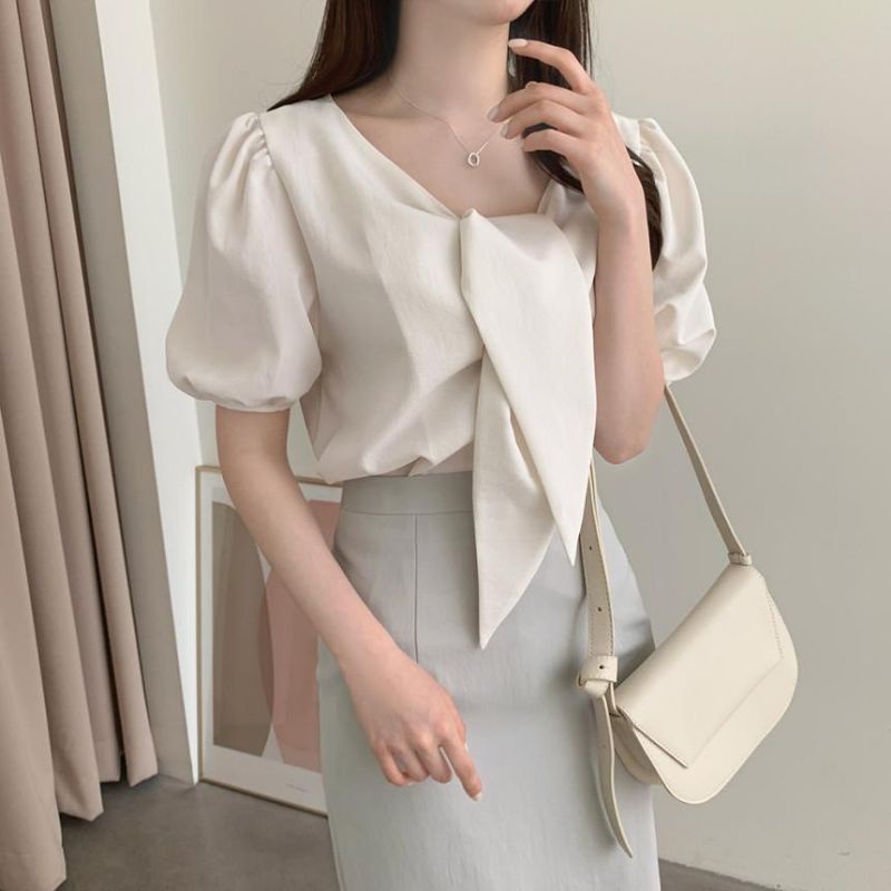 Cute Ribbon Blouse (ivory, blue) | Shopee Philippines